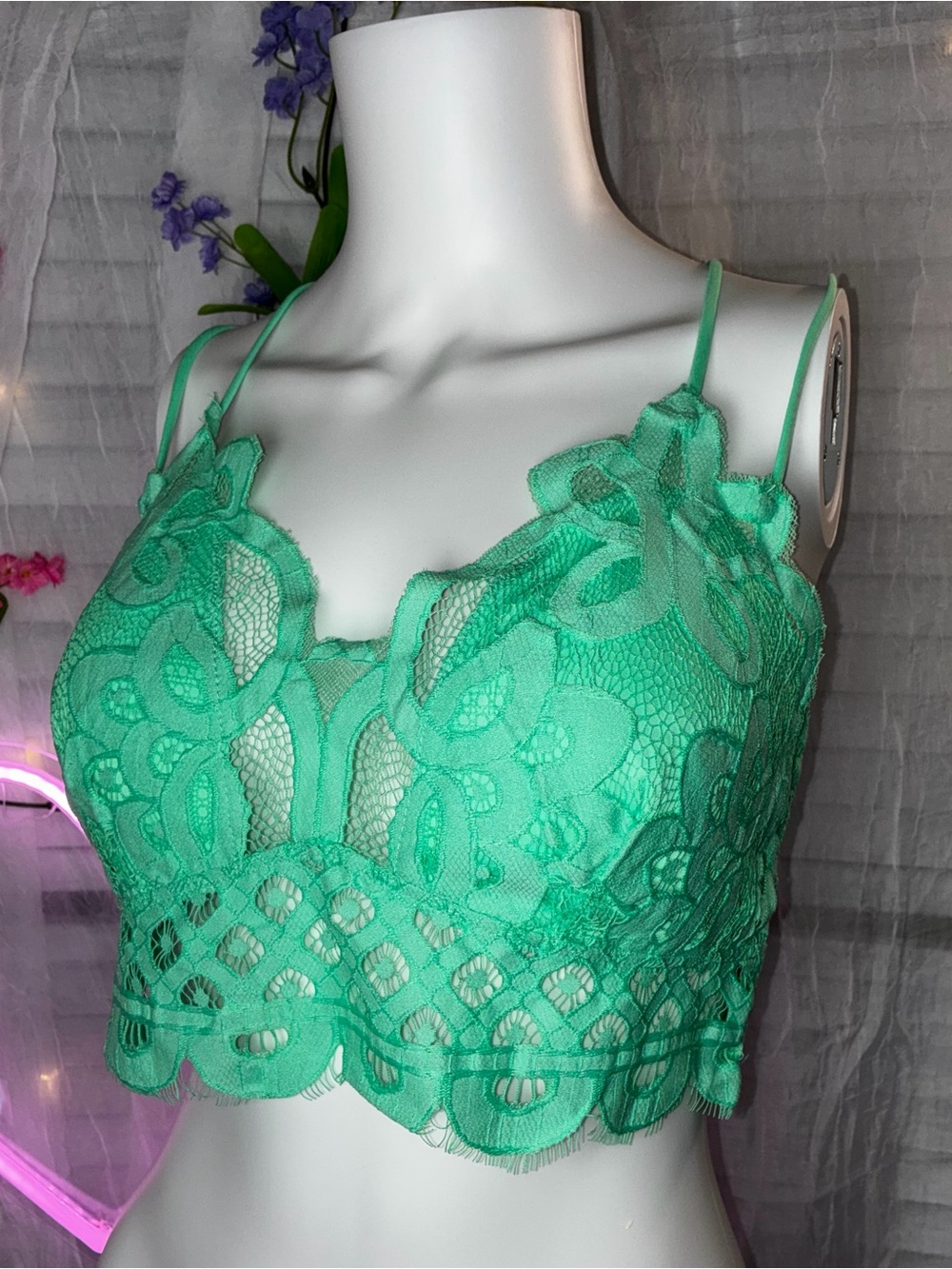 Zenana Sheer Lace Bralette in Green Mint with Delicate Straps (New in bag)